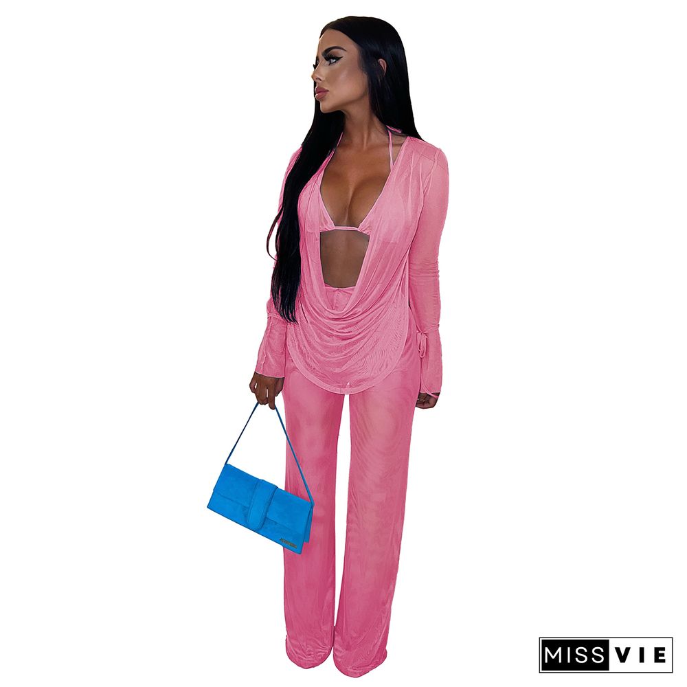 Mesh Matching Outfit Sexy 3 Piece Pants Set