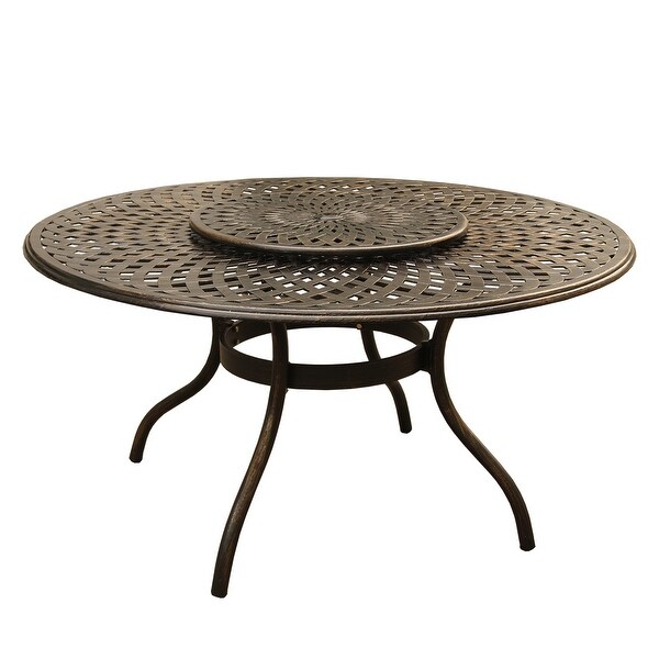 Modern Ornate Outdoor Mesh Aluminum 59in Large Round Patio Dining Set with Lazy Susan and Six Chairs