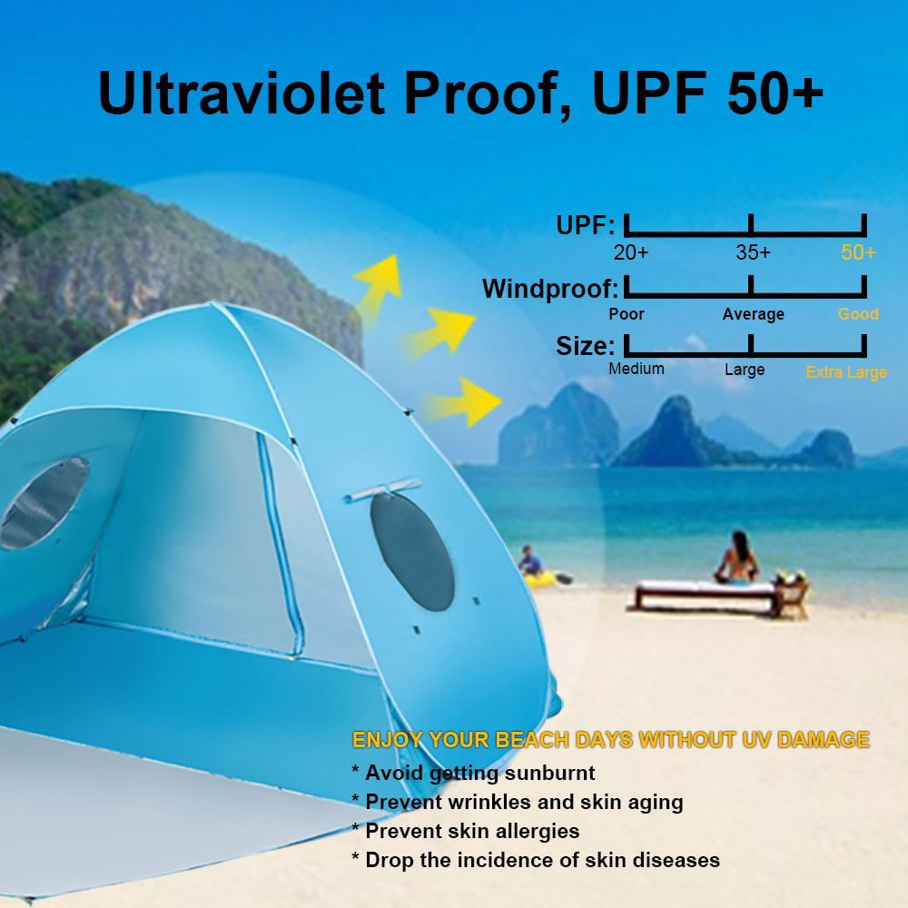 iCorer Extra Large Pop Up 3-Person Beach Tent， Light Blue