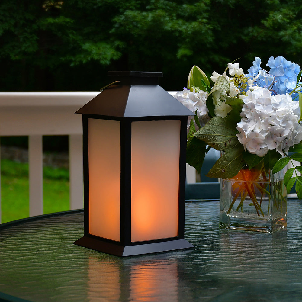 Solar Powered Flame Effect LED Black Lantern