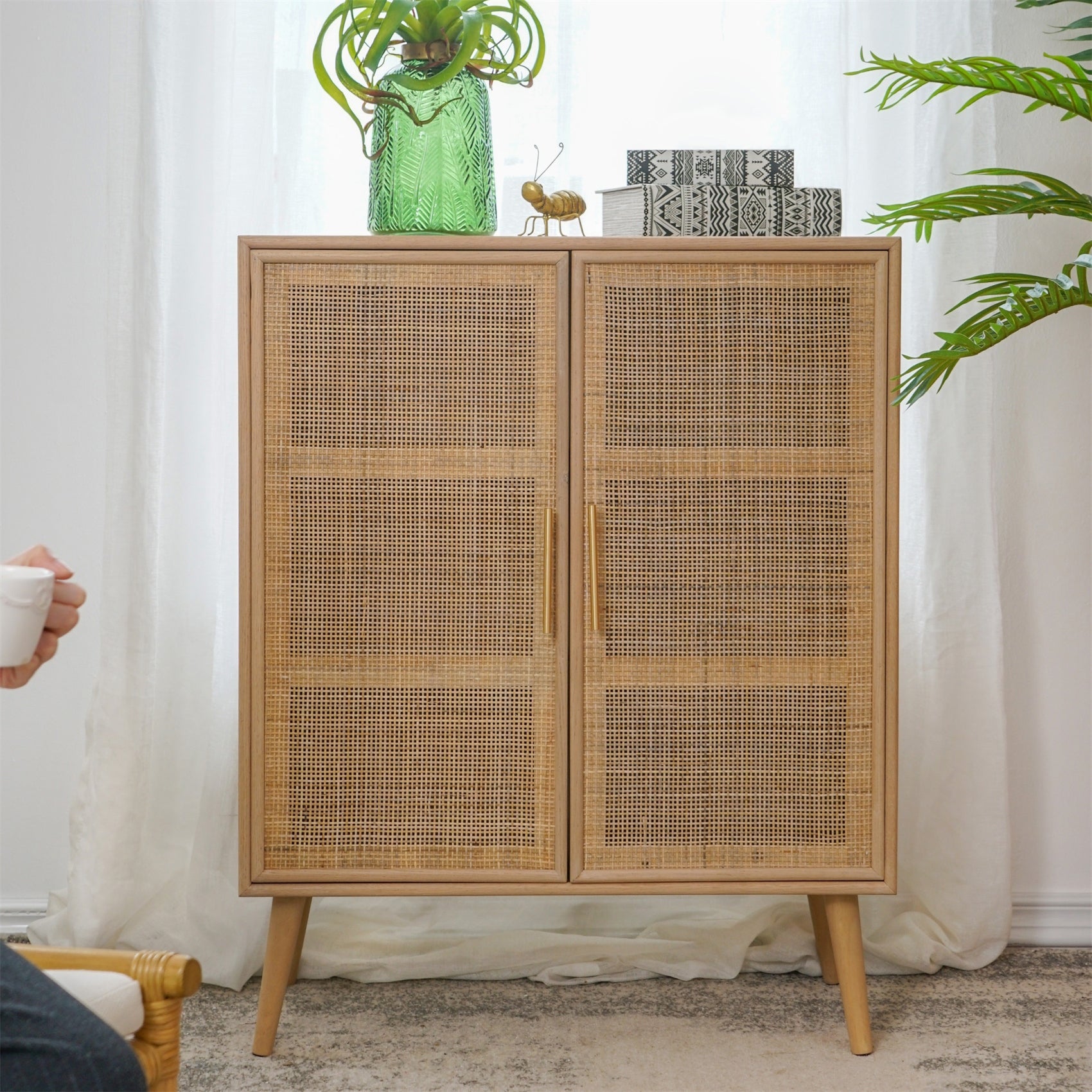 Multipurpose Storage Cabinet Dresser with Two Natural Rattan Door - - 37834892