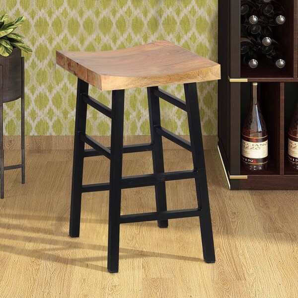 30 Inch Barstool with Saddle Style Wood Seat， Ladder Base， Brown and Black