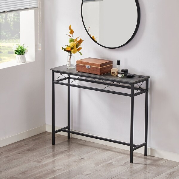 VECELO Industrial Rectangular Wood Console Table with AC Power and USB Charging Ports