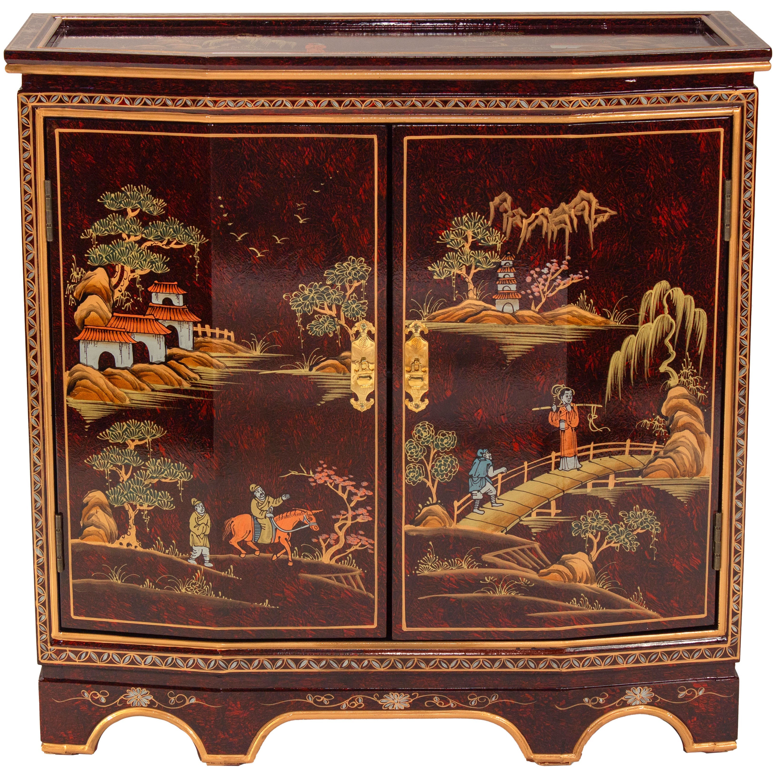 Oriental Furniture Red Lacquer Slant Sideboard - Landscape