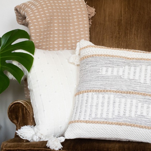 White 18 X 18 Inch Decorative Cotton Throw Pillow Cover With Insert And Hand Tied Chenille Knots Foreside Home amp Garden