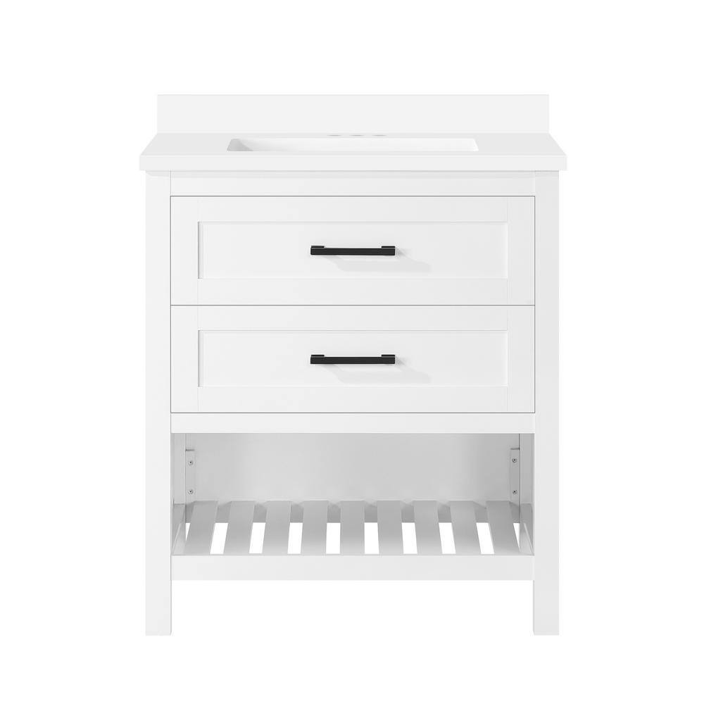 Home Decorators Collection Autumn 30 in. W x 19 in. D x 34.50 in. H Freestanding Bath Vanity in White with White Engineered Stone Top Autumn 30W