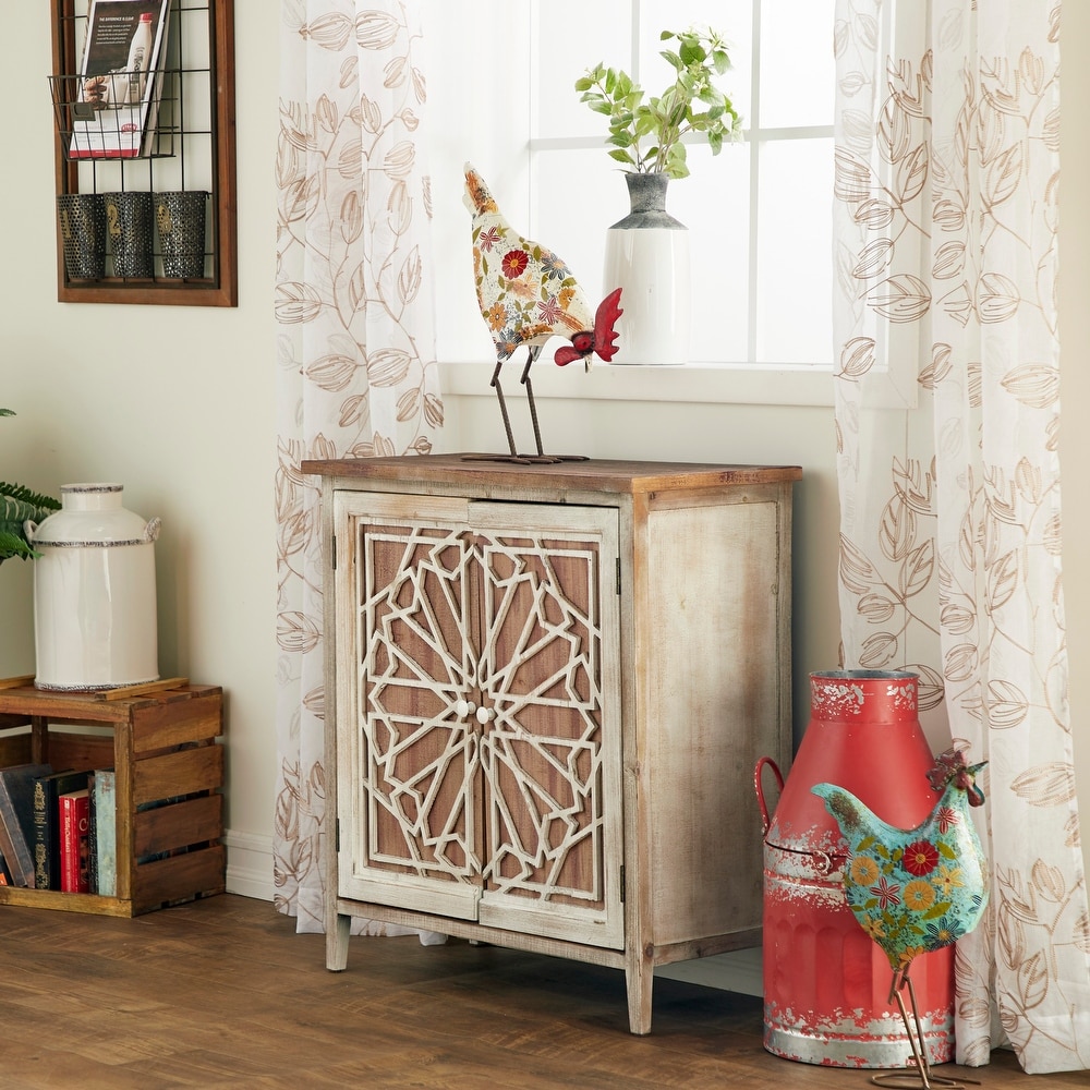 Brown Wood Farmhouse Cabinet with Carved Relief Overlay   14\