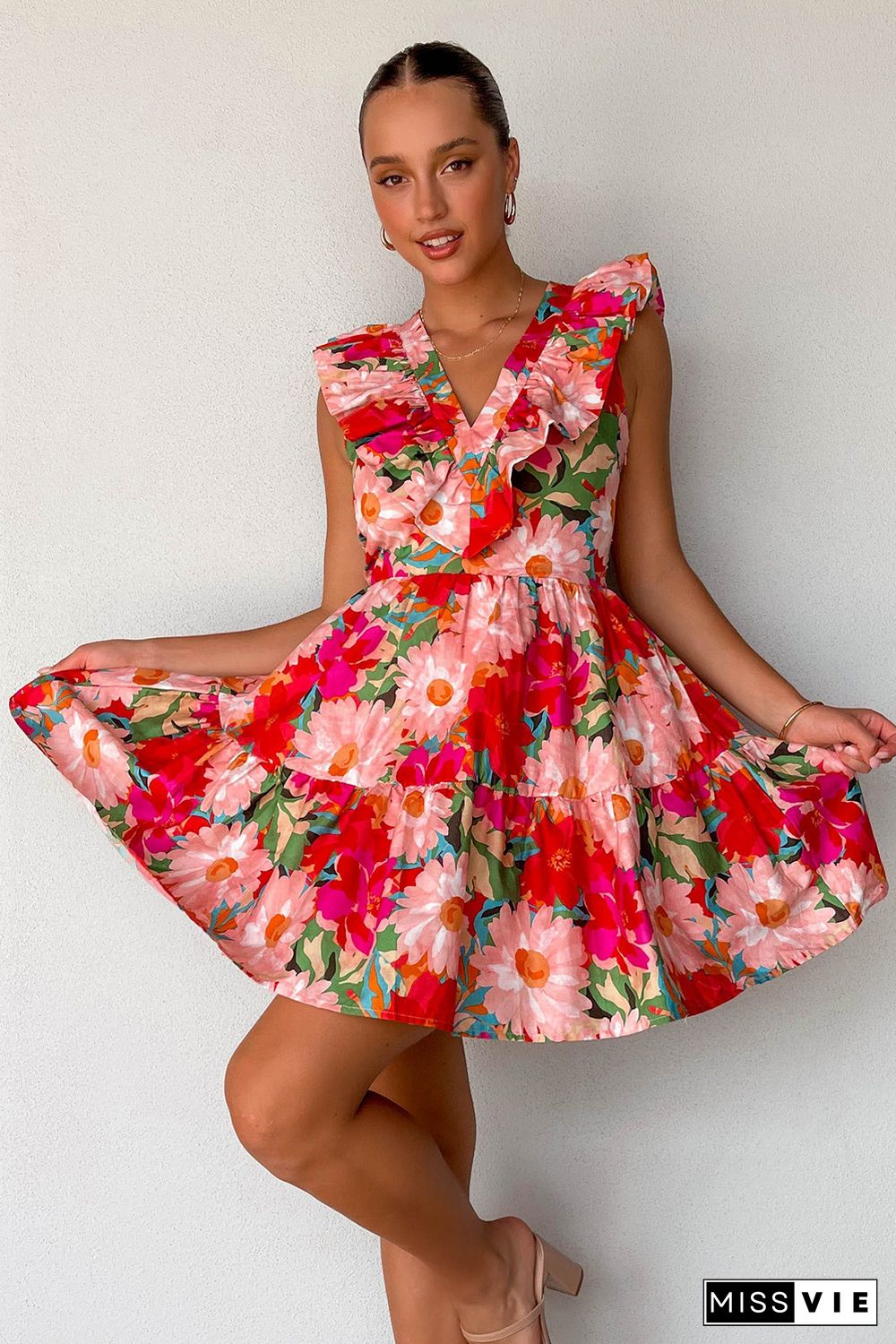 Red Floral Sleeveless V Neck Frill Mini Dress