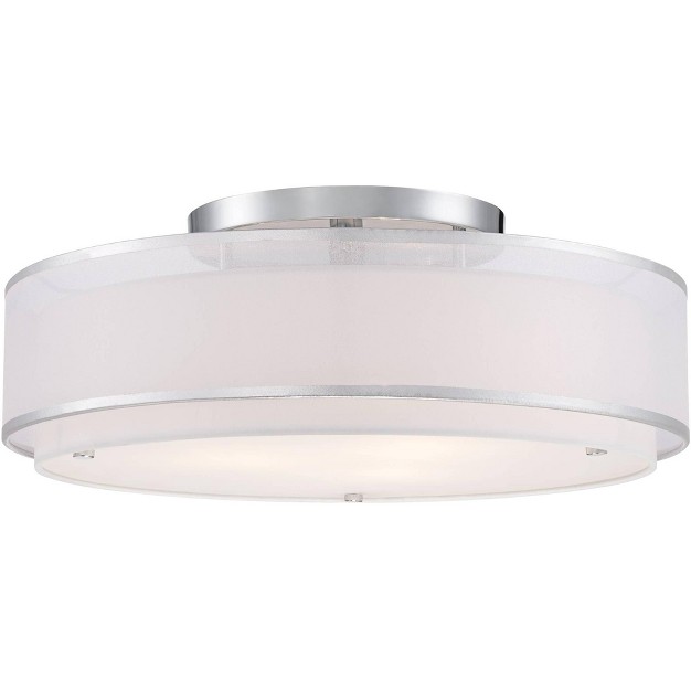 Wide Chrome 3 light Sheer Outer Off White Inner Drum Shade For Bedroom House