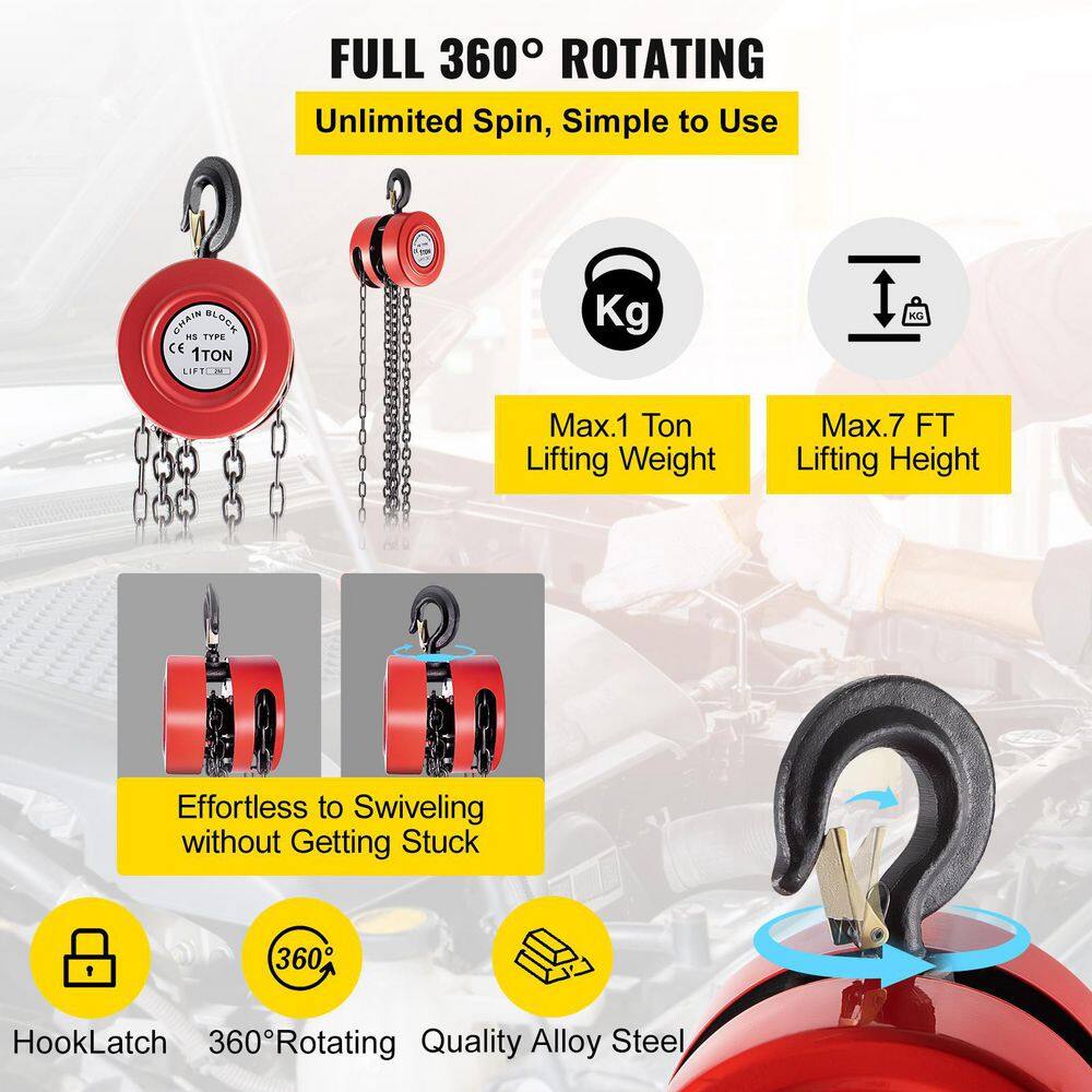 VEVOR Hand Chain Hoist 1-Ton Chain Block 2200 lbs. Capacity and 7 ft. Lift for Lifting Goods in Transport and Factories Red SLHLHSYX1T2M3RDT7V0