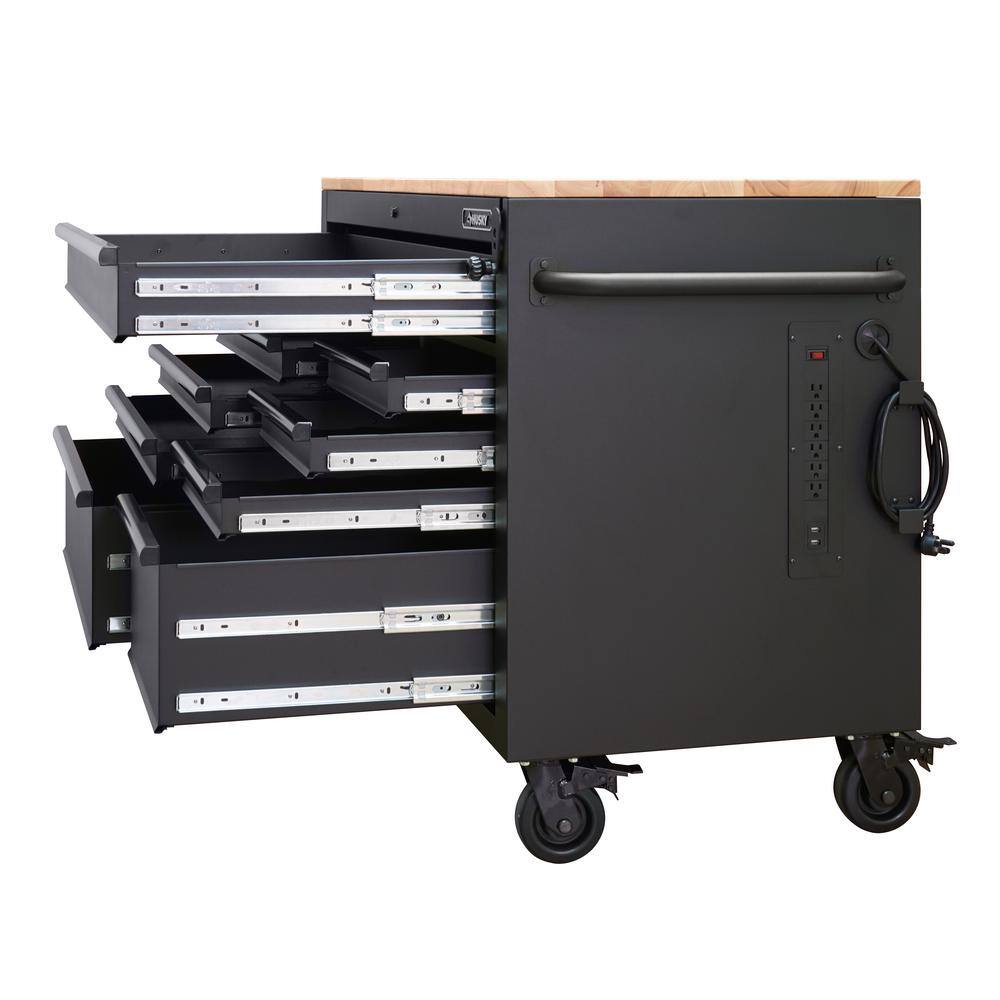 Husky 52 in. W x 25 in. D Heavy Duty 9-Drawer Mobile Workbench Cabinet with Adjustable-Height Hardwood Top in Matte Black HOLC5209BB1M