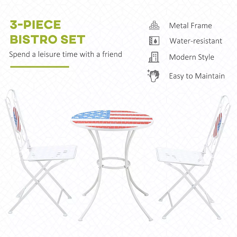 Outsunny 3 Pieces Outdoor Patio Set with 2 Folding Chairs， 1 Center Table， American Flag Stone Mosaic Bistro Table and Chairs for Garden， Poolside， Porch， White