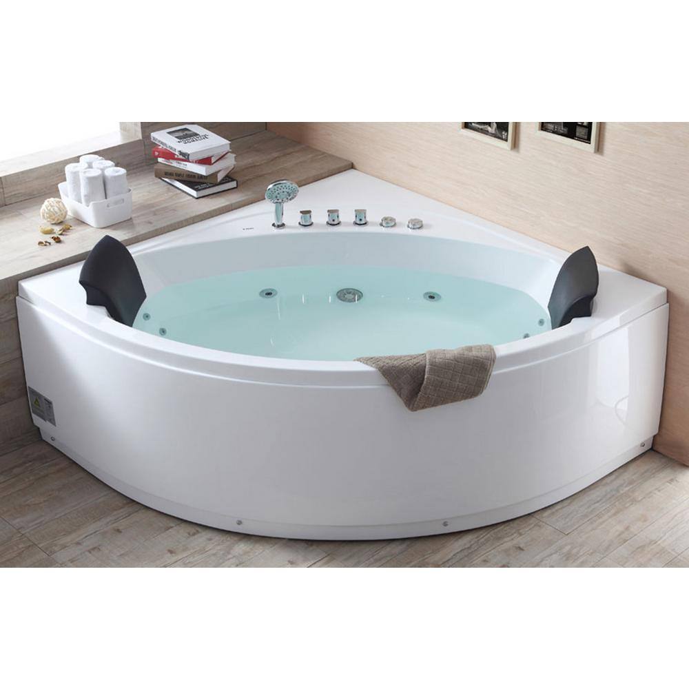 EAGO 59 in. Acrylic Offset Drain Corner Apron Front Whirlpool Bathtub in White AM200