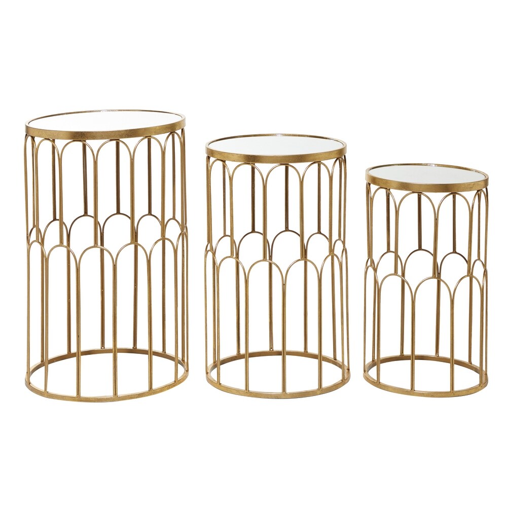 Gold Metal Accent Table with Mirrored Glass Top (Set of 3)   18 x 18 x 28Round