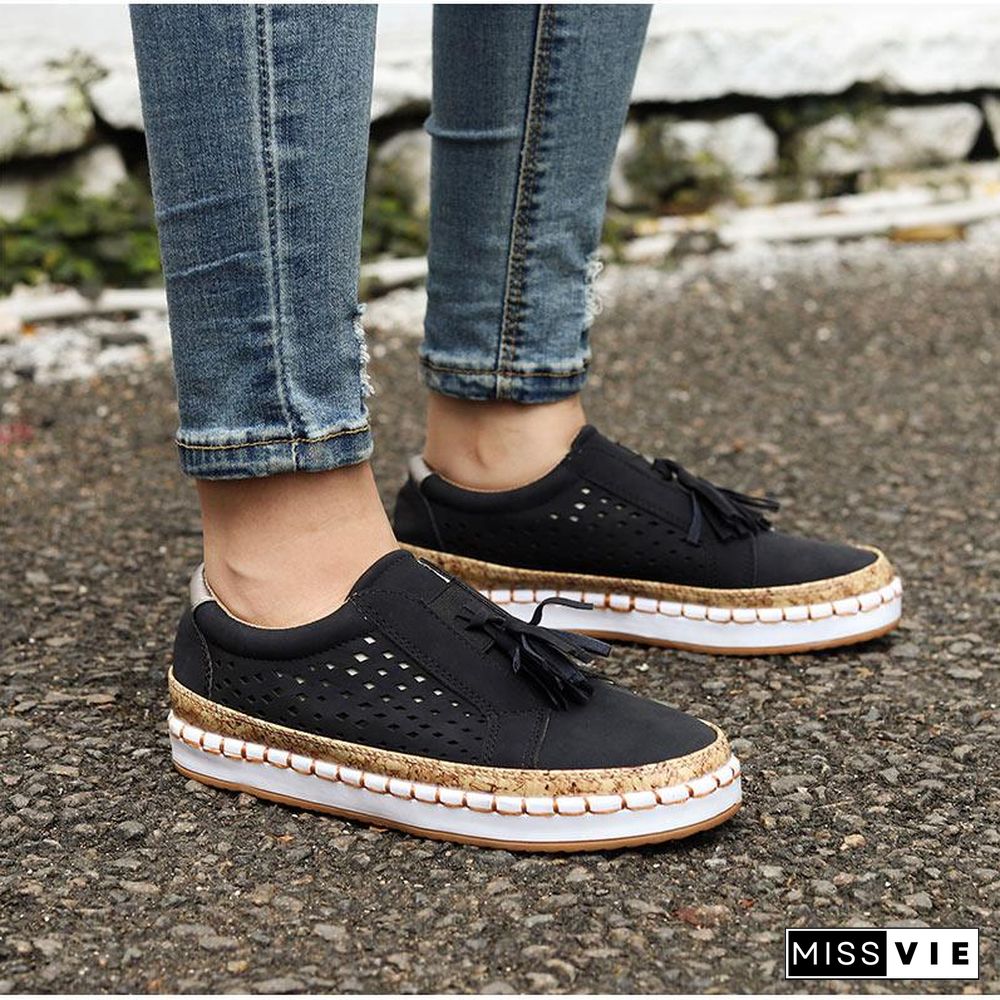 Women Slip On Hollow Out Flats Ladies Breathable Loafers Casual Platform Vulcanized Sewing Sneakers Shoes