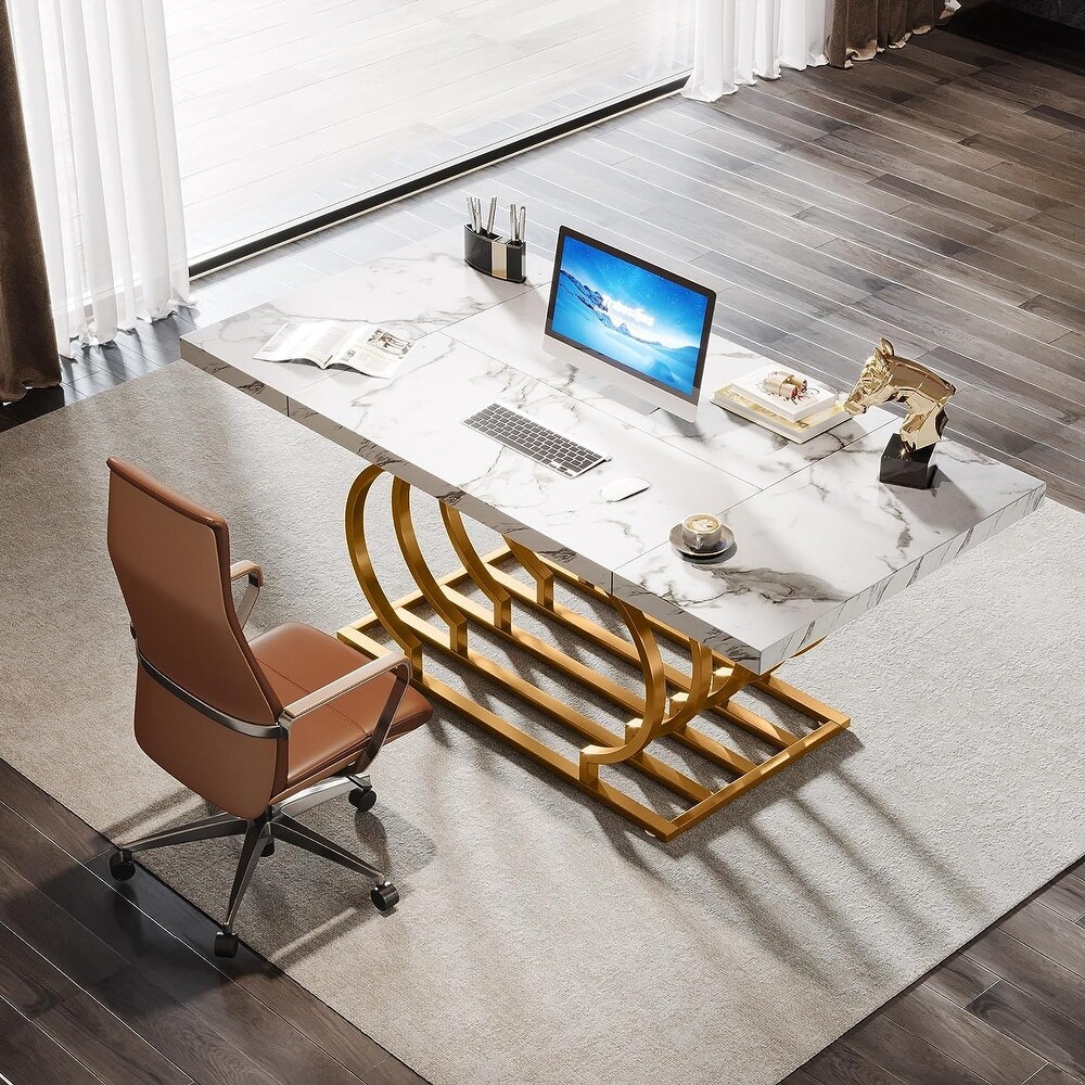 White and Gold Executive Desk  Large Computer Desk Home Office Desk