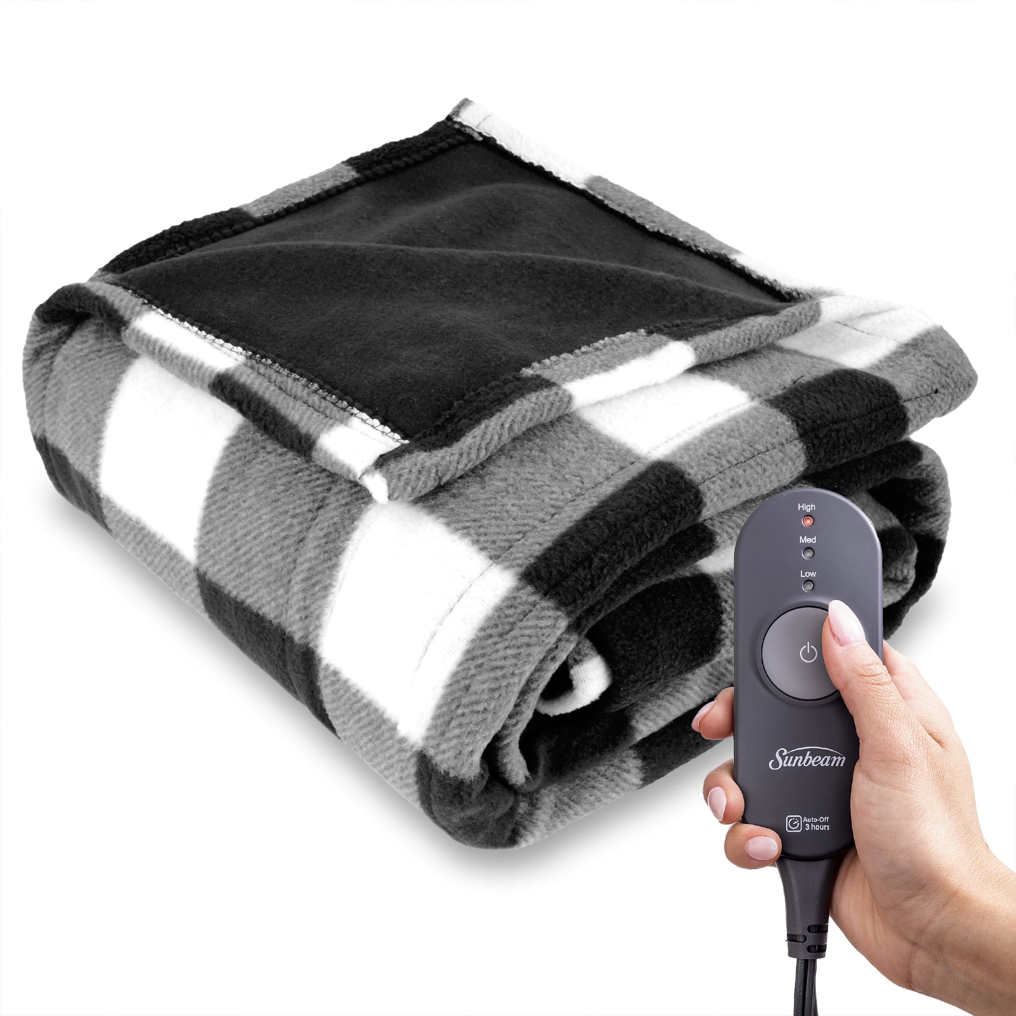 Sunbeam White Black Buffalo Plaid Fleece Electric Heated Throw， 50