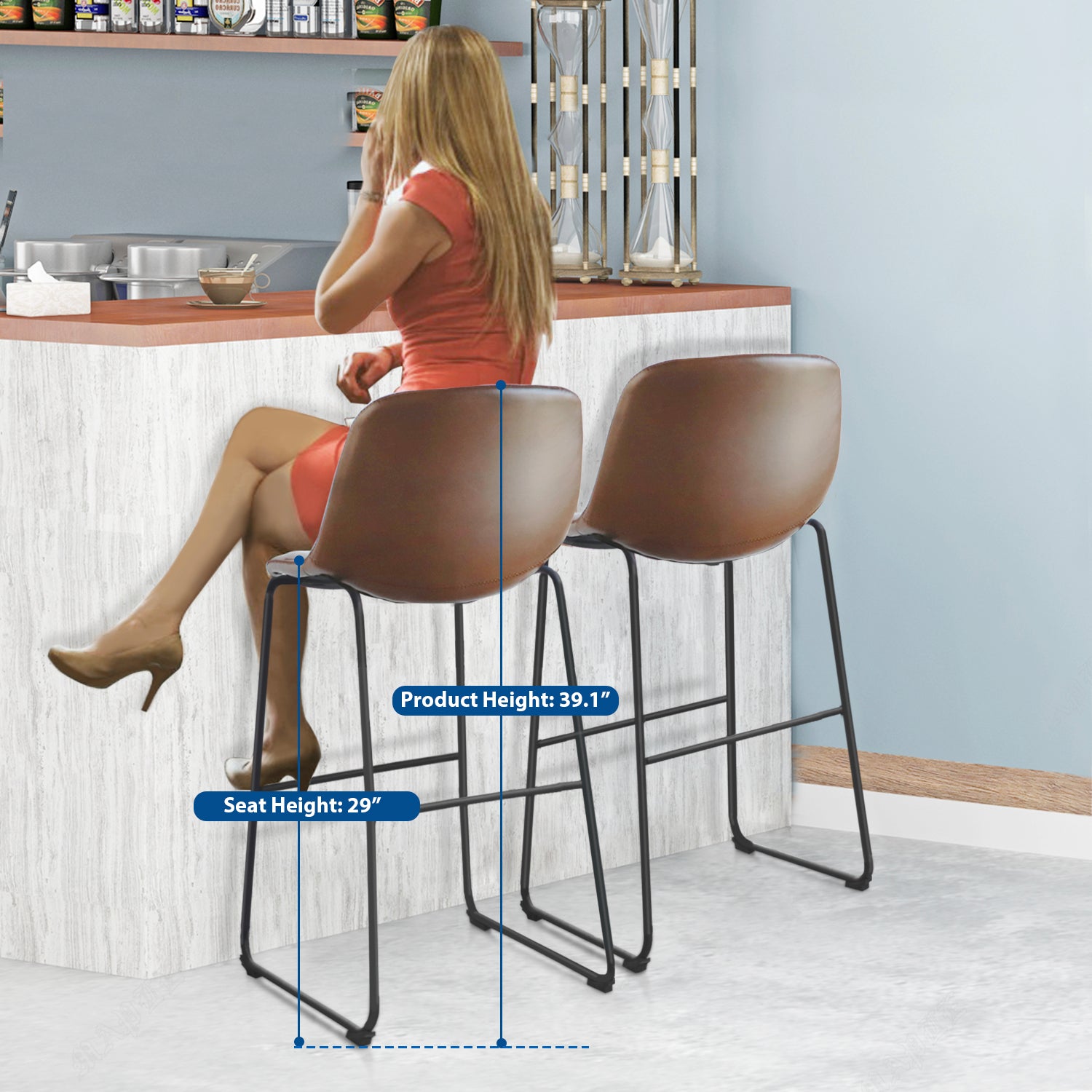 30 Upholstered Bar Stools with Backs Kitchen， Brown， Set of 2