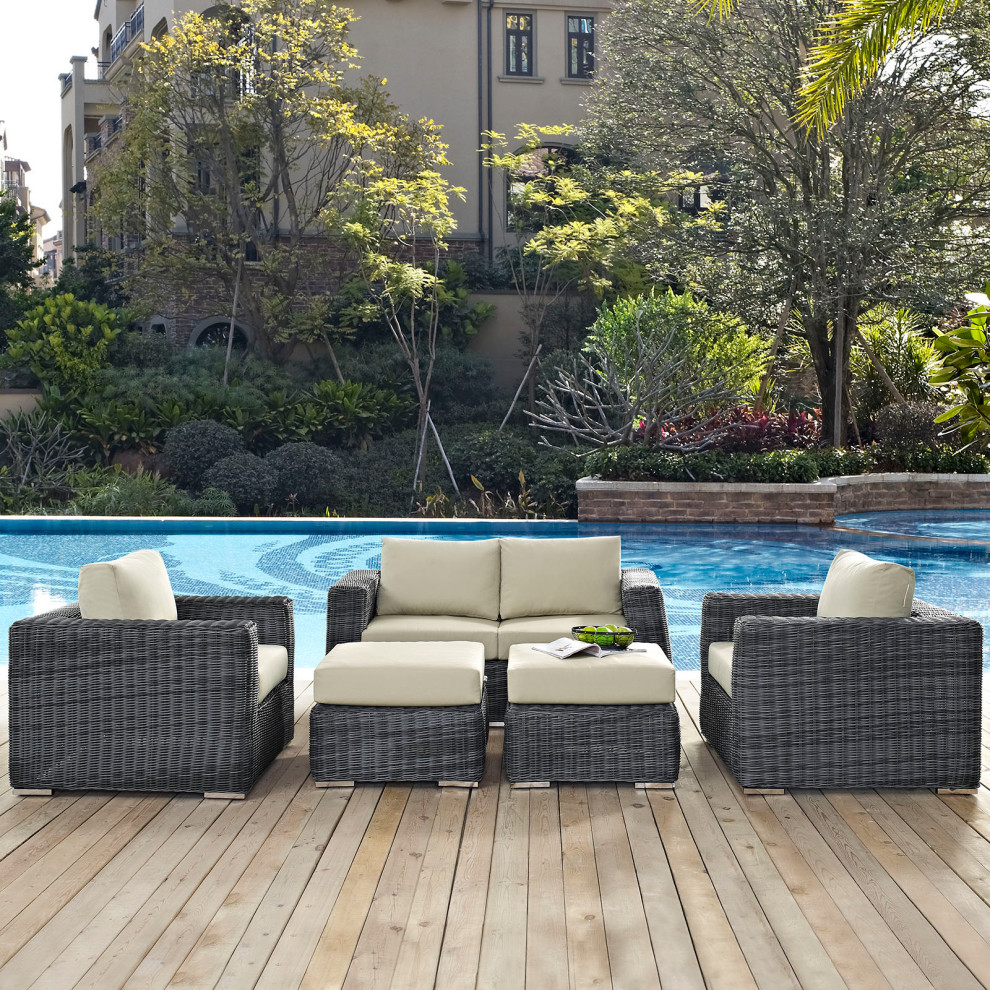 Summon 5 Piece Outdoor Wicker Rattan Sunbrella Sectional Set   Tropical   Outdoor Dining Sets   by Kolibri Decor  Houzz