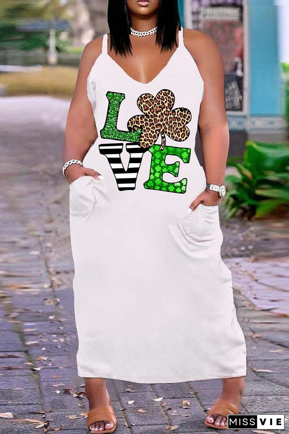 White Green Sexy Casual Print Backless Spaghetti Strap Long Dress Plus Size Dresses