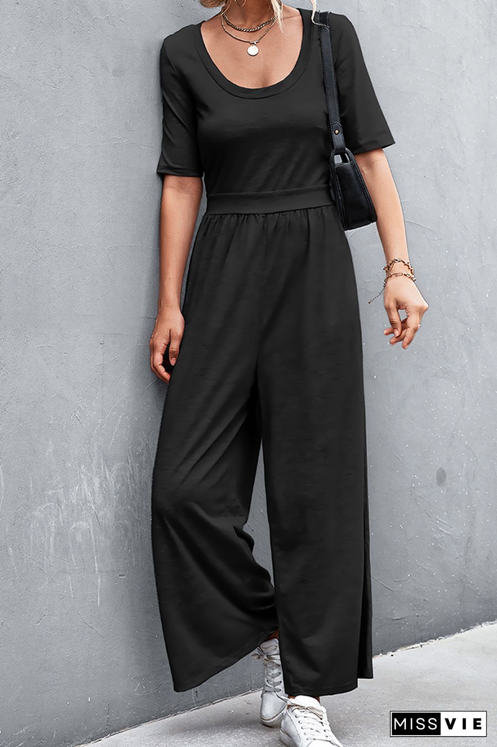 Solid Color Short Sleeve Wide Leg Jumpsuit Wholesale