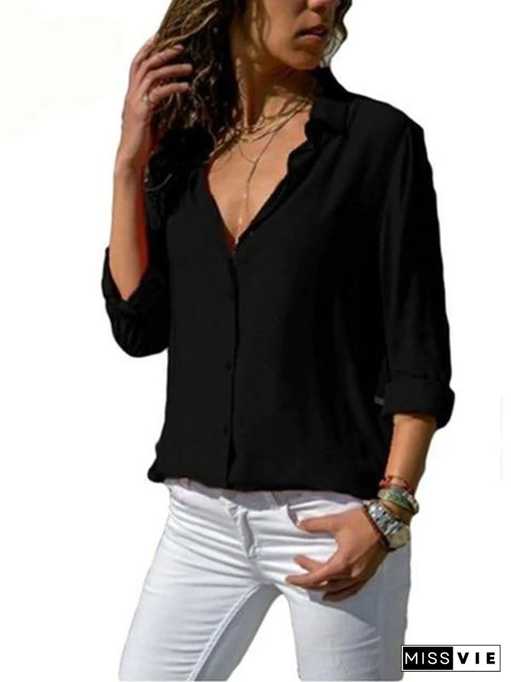 Women Elegant Long Sleeve Solid V-Neck Chiffon Tops Blouse Plus Size