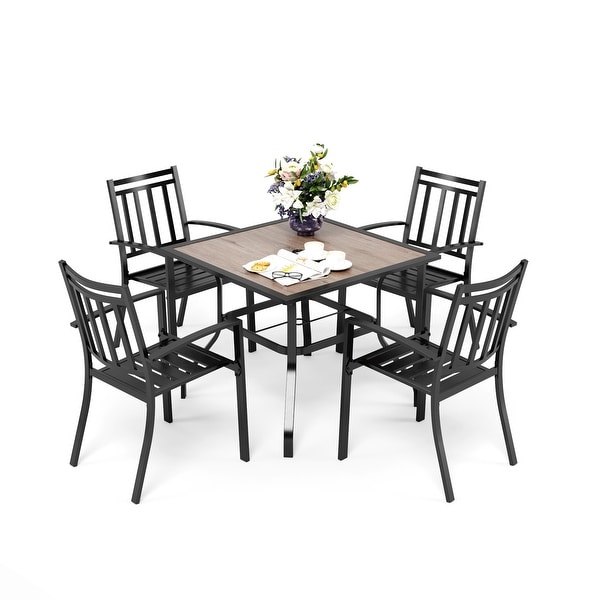 MAISON ARTS 5 Pieces Patio Dining Set with 4 Metal Stackable Chairs and 1 Square Table with WoodLike PVC Top and Umbrella Hole