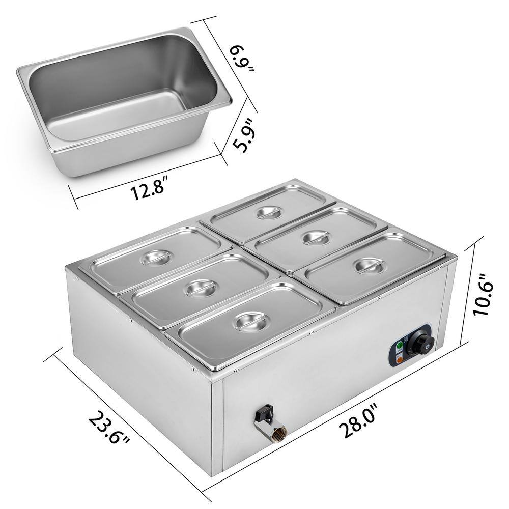 VEVOR 6-Pan Commercial Food Warmer 1200-Watt Electric Steam Table 6 in. Deep Stainless Steel Buffet Bain Marie 32 Qt. BWTCDTC6C00000001V1