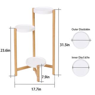 AESOME 3-Tier Bamboo Plant Stand 31.5 in. Tall Flower Pot Display Shelf Holder Nordic Style Wooden Rack with White Shelves HJ456S