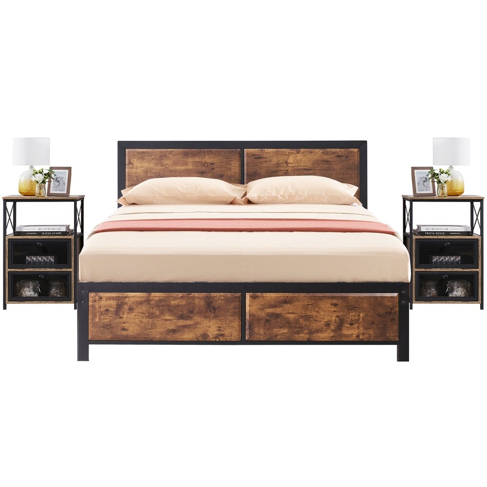 Taomika 3 pieces Bedroom Set Platform Bed and Nightstands Set of 2