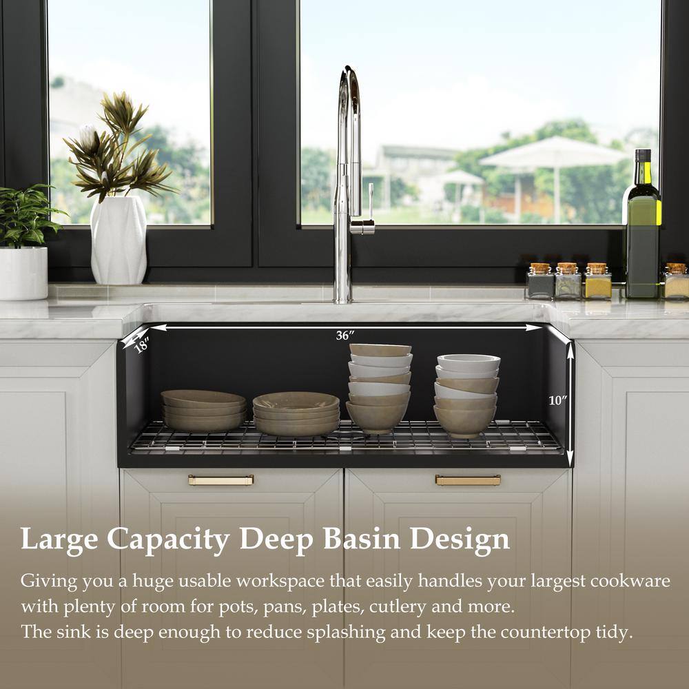 Black Fireclay 36 in. Single Bowl Farmhouse Apron Kitchen Sink with Bottom Grid and Basket Strainer HKD-361810-B