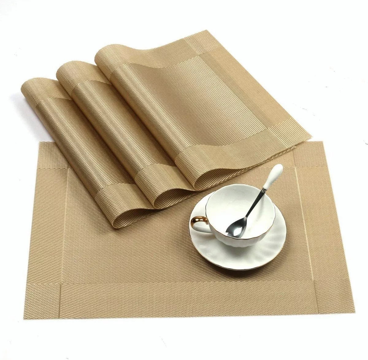 Placemats Place Mats for Kitchen Dining Table， Heat-Resistant Anti-Skid Stain Washable PVC Table Mats， Easy to Cleaning Woven Vinyl Dinner Mats (Gold， 20 Pack)