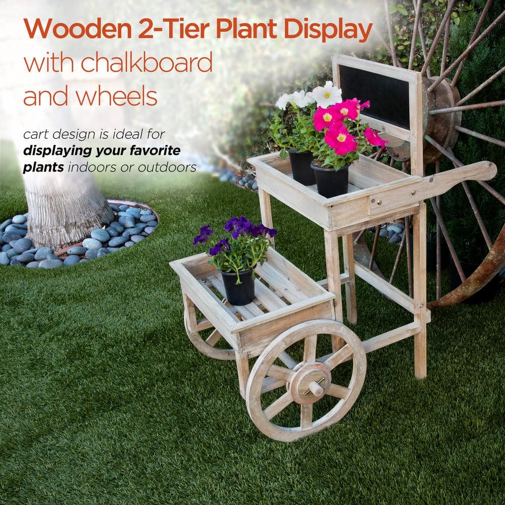 Alpine Corporation 34 in. Tall Indoor/Outdoor Wooden 2-Tier Plant Display Stand with Chalkboard and Wheels MBB104