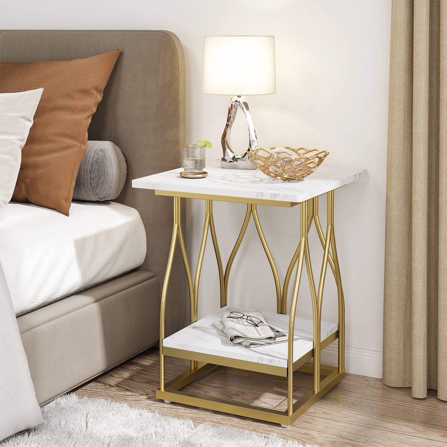 2-Tier End Table, Square Side Table Faux Marble Accent Table