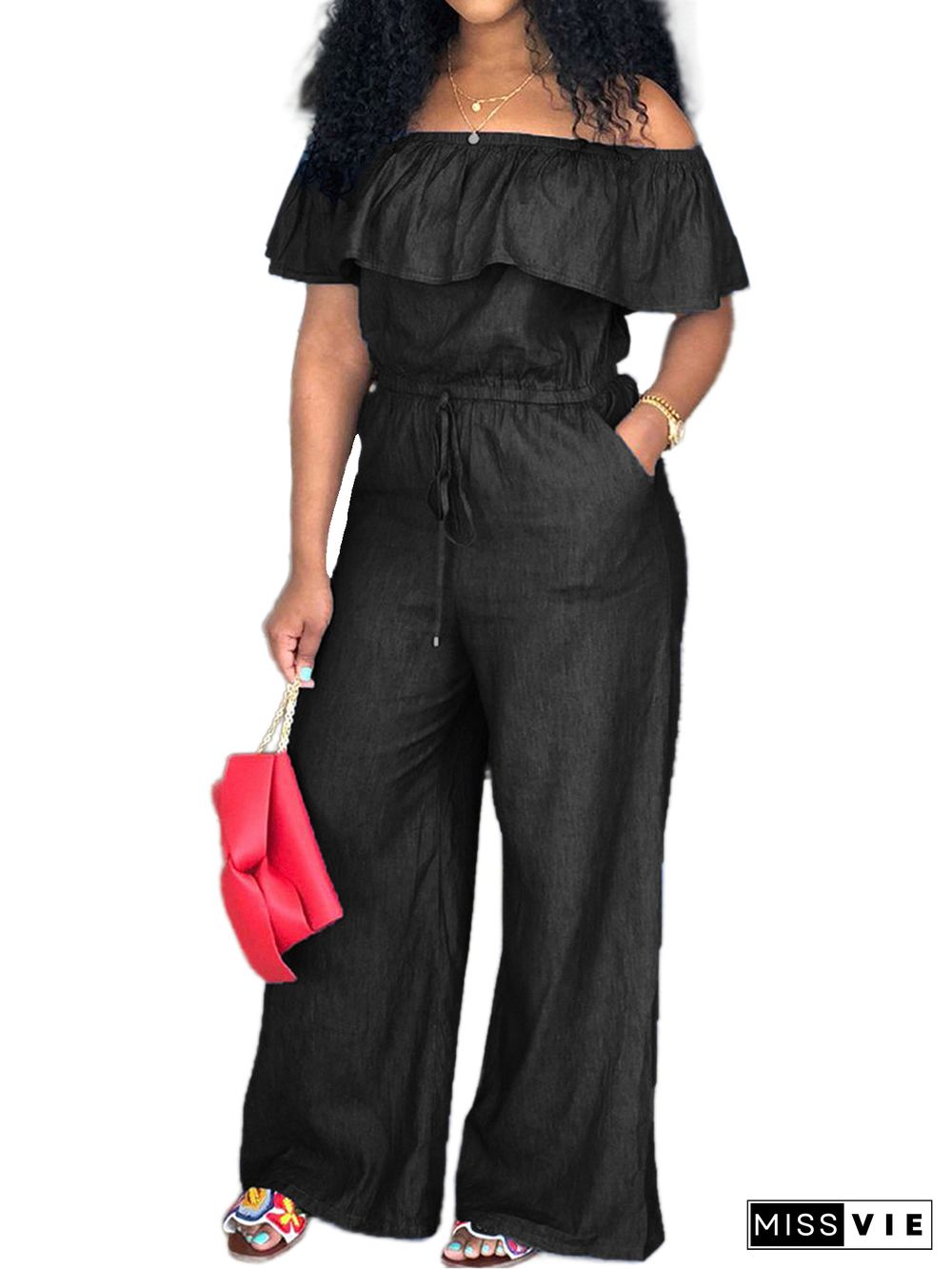 Foldover Ruffle Trim Drawstring Denim Jumpsuit