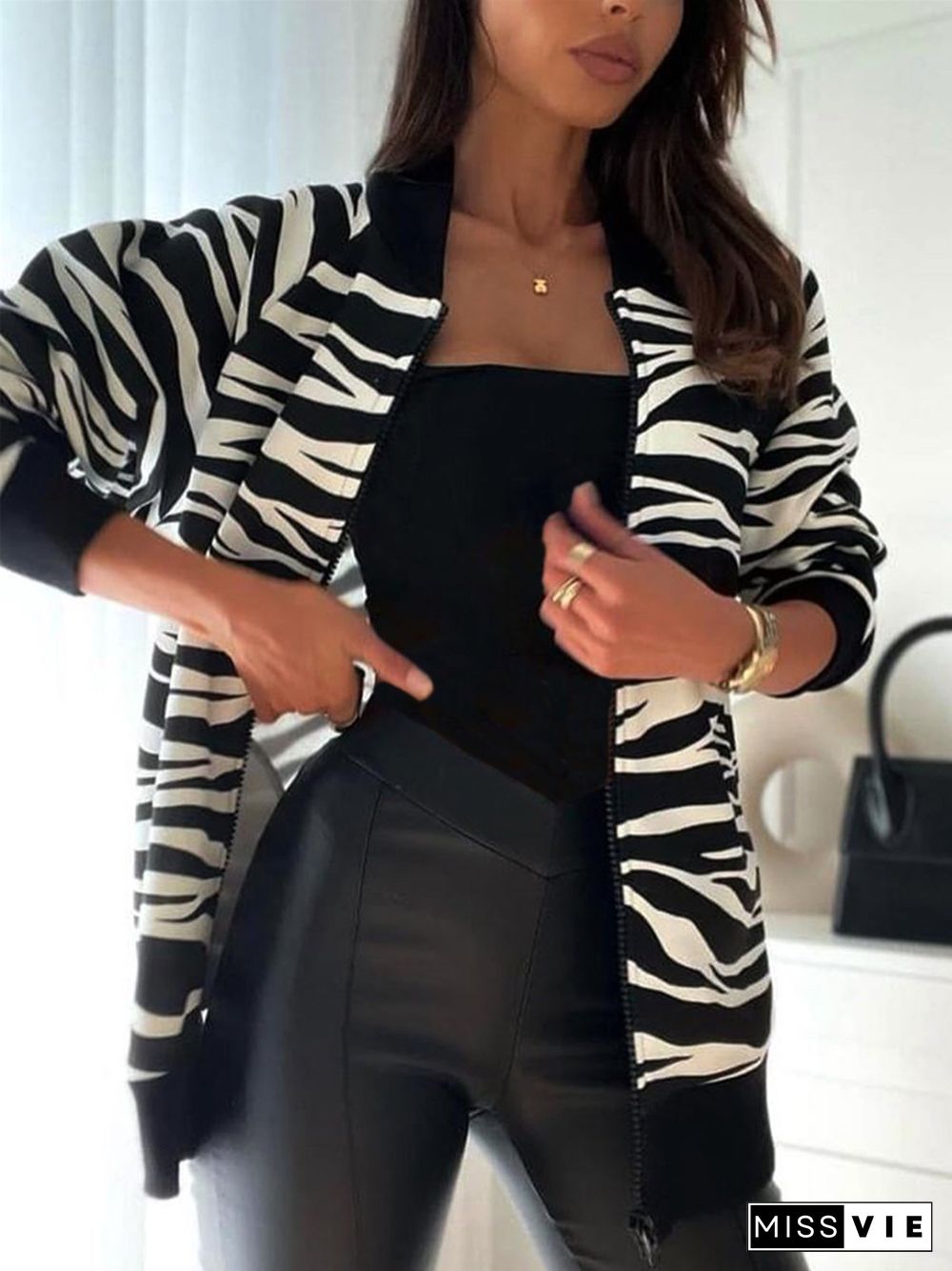 Casual Zebra Long Sleeve Printed Outwears Jackets