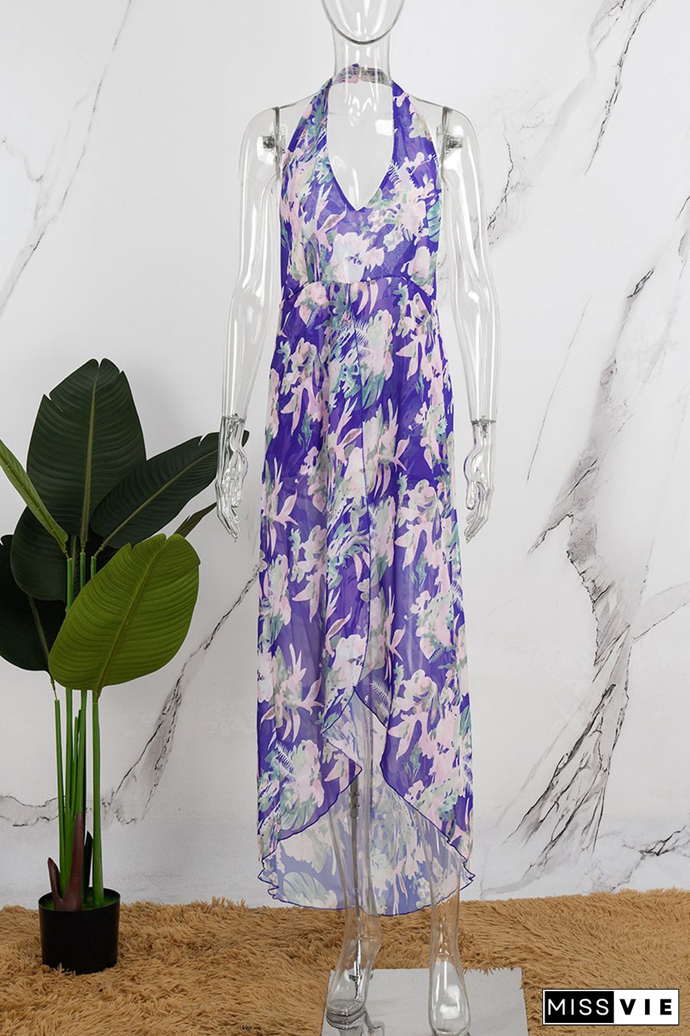 Purple Casual Print Backless Halter Sleeveless Romper