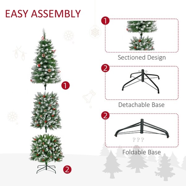 PreLit SnowDusted Artificial Christmas Tree with Realistic Branches，LED Lights，Pine Cones，Red Berries