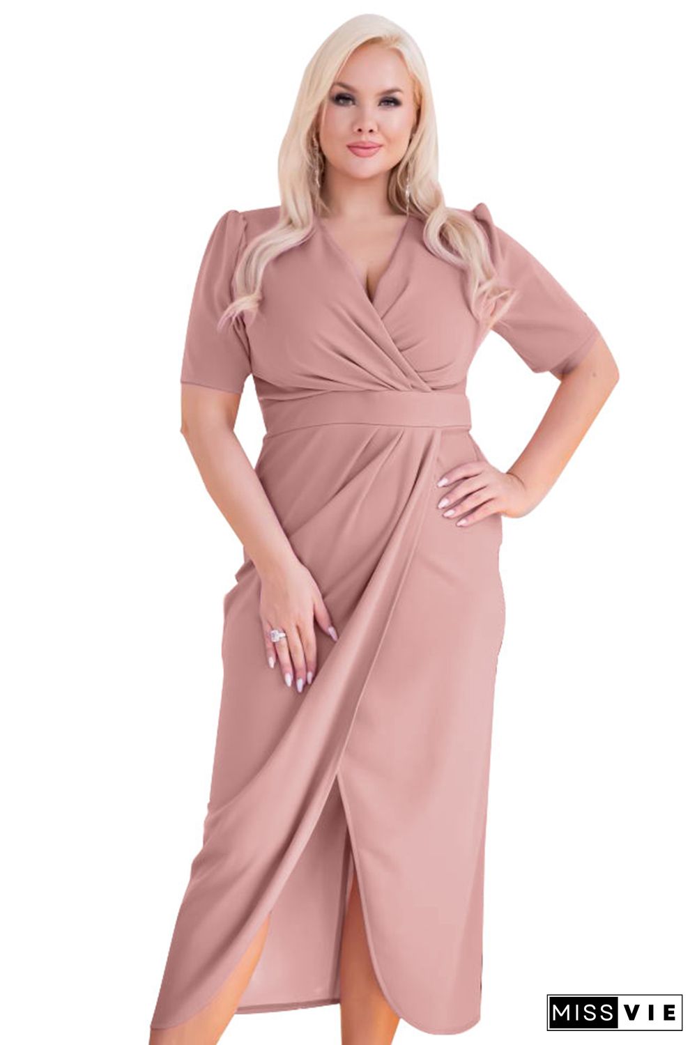 Pink Plus Size Wrap V Neck Slit Hem Midi Dress