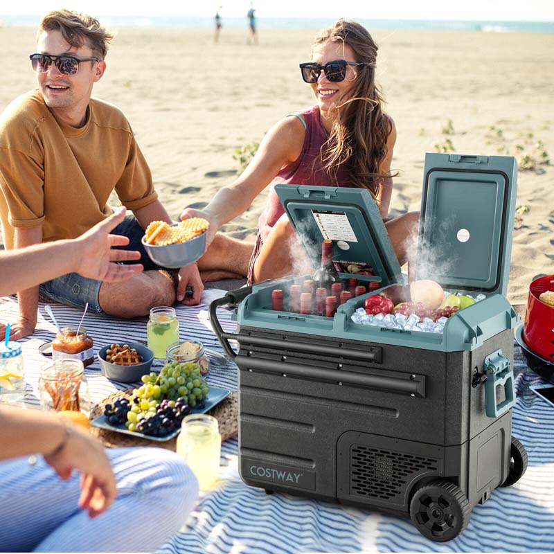 51-Quart Dual-zone Car Refrigerator with Wheels, 12V/24V DC & 100-240V AC Portable Car Fridge Cooler Freezer