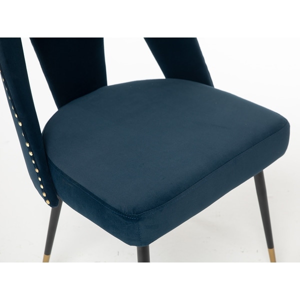 Contemporary Velvet Upholstered Dining Chair with Nailheads and Gold Tipped Black Metal Legs Set of 2