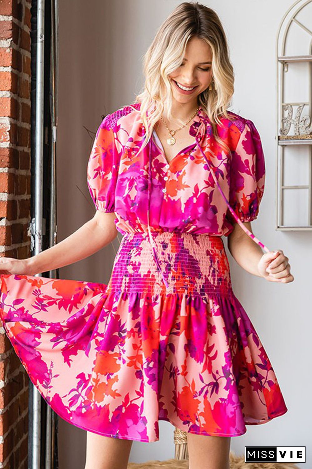 Rose Floral Smocked Waist Bubble Sleeve Flare Dress