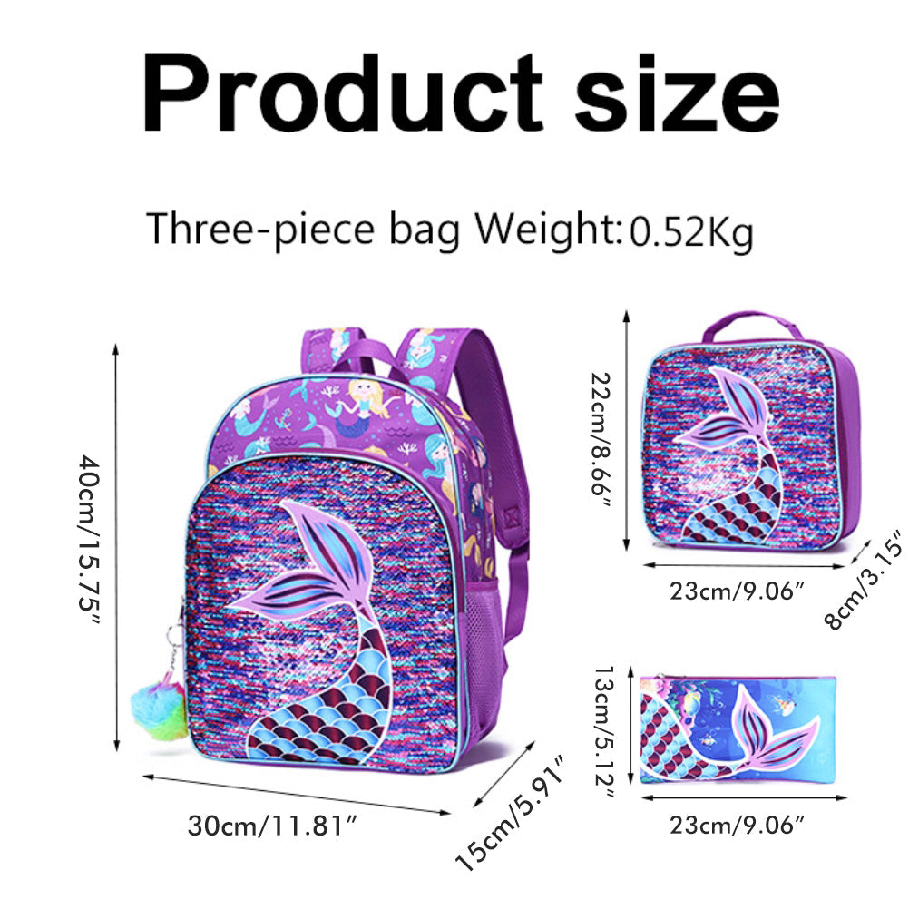 3 in 1 Kid Bookbags Set Girls Mermaid Sequins Backpack with Lunch Bag Pencil Case for School Outdoor Travel Camping Picnic