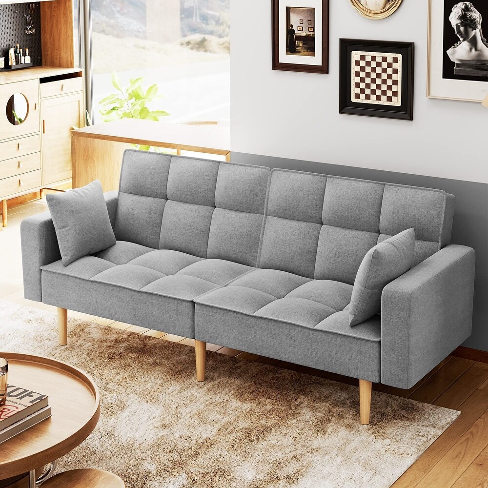 Linen Couches Upholstered Futon Sofa Bed with Thicken Wood Legs