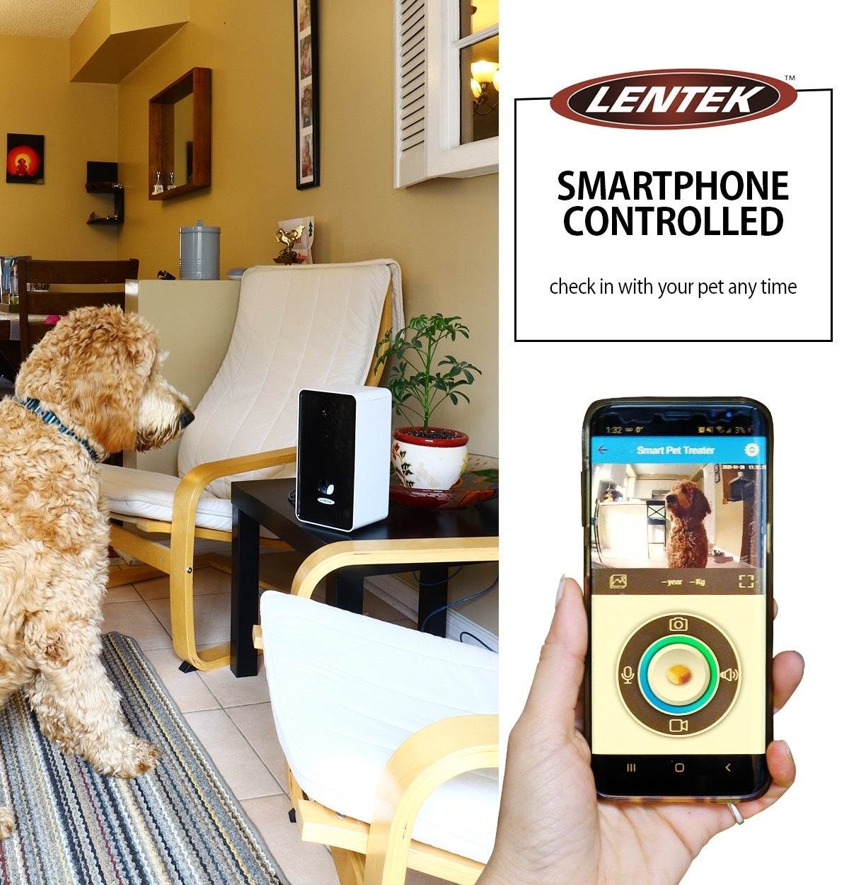 Lentek Smartphone-Controlled Pet Treat Dispenser with Camera and Two-Way Communication， WiFi-Enabled Programmable Treat Dispenser， 10 oz. Capacity， for Cats， Dogs， Rabbits， and more