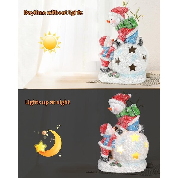 Snowman and Child Christmas Ornament，Resin Figurine with LED Light