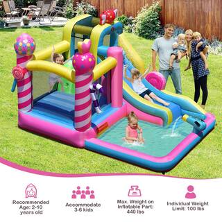 Costway Inflatable Bounce House Sweet Candy Bouncy Castle Bounce House with Water Slide and 480-Watt Blower NP10431