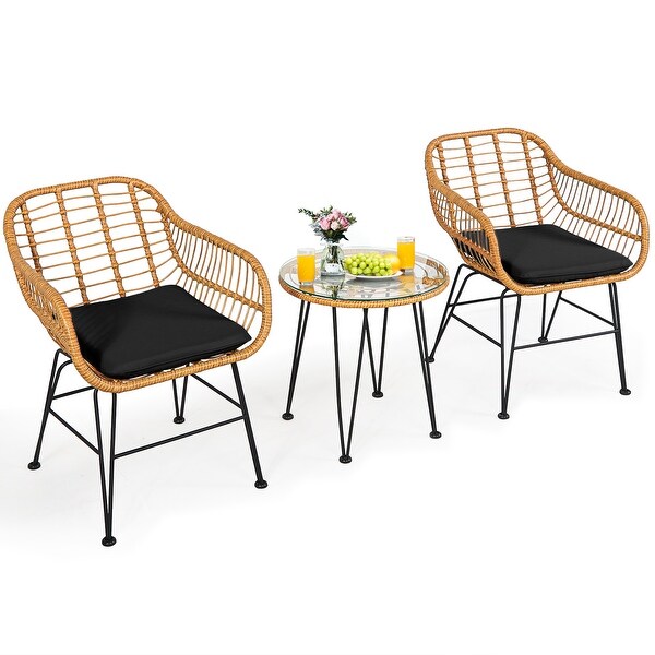 Costway 3PCS Patio Rattan Bistro Furniture Set Cushioned Chair Table