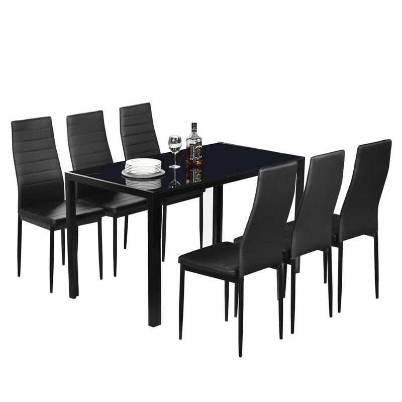 7 Piece Kitchen Room Furni Glass Top Dining Table Set