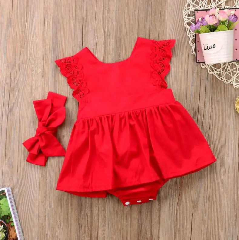 New Arrival 2pcs Red Flower Baby Clothing Newborn Baby Girls Lace Backless Romper Dress Jumpsuit Outfits Clothes 0-24M